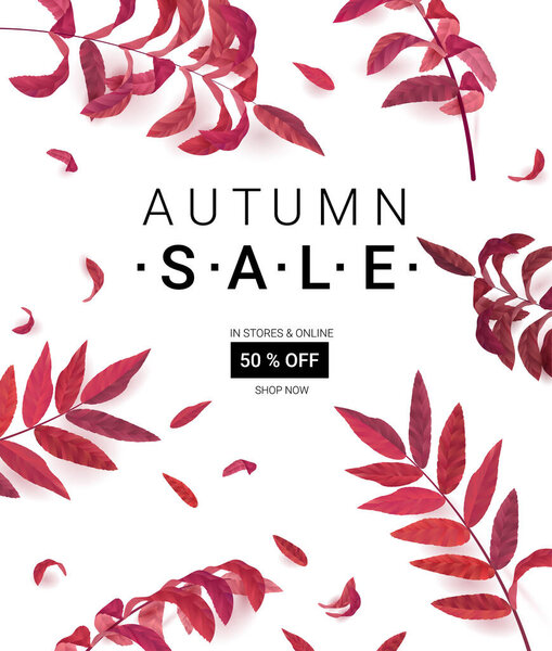 Big Autumn sale. Fall sale trendy design template. Can be used for flyers, banners or posters. Vector illustration with colorful autumn leaves 