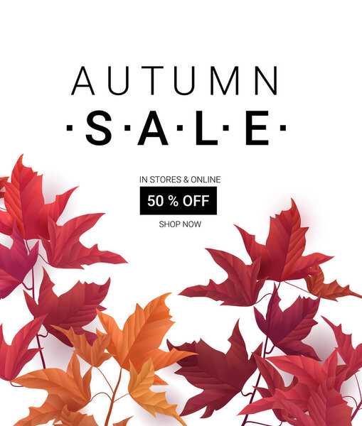 Big Autumn sale. Fall sale trendy design template. Can be used for flyers, banners or posters. Vector illustration with colorful autumn leaves 