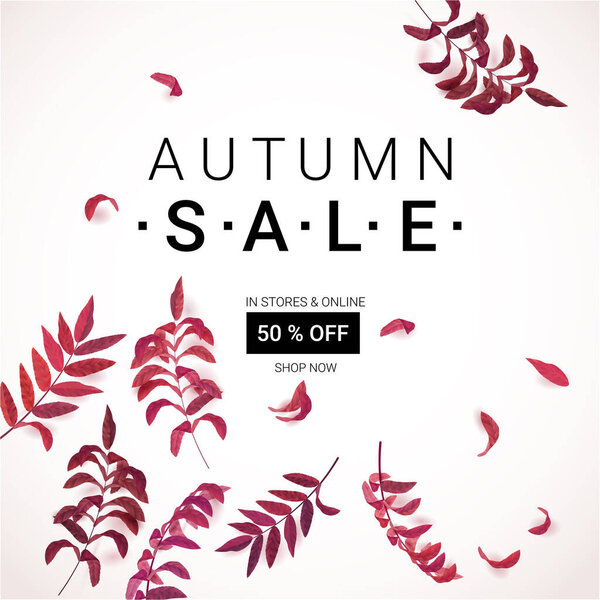 Big Autumn sale. Fall sale minimalistic trendy design template. Can be used for flyers, banners or posters. Vector illustration with colorful autumn leaves 