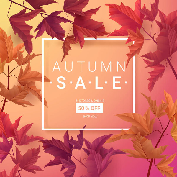 Big Autumn sale. Fall sale trendy design template. Can be used for flyers, banners or posters. Vector illustration with colorful autumn leaves 