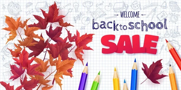 Willkommen Zurück Der Schule Sale Hintergrund Mit Handgezeichneten Doodle Elemente — Stockvektor