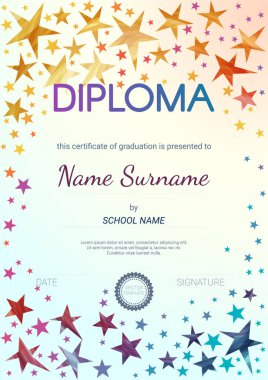 Çocuk diploması tasarım şablonu. Anaokulu ilkokul diploması. Vektör şablonu.