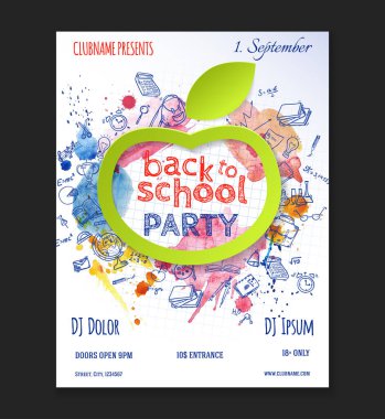 Okul partisi broşürleri, karalama elemanları ve kağıt elmayla birlikte. Davetiye, el ilanı, poster veya tebrik kartı vektör şablonu.