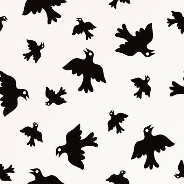 Kuşlar pürüzsüz desenli, siyah beyaz desenli. Vektörsüz arkaplan