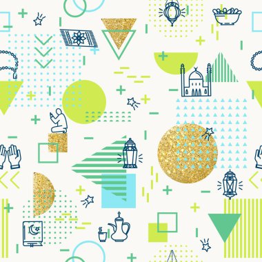 Müslüman simgeleri geometrik, pürüzsüz desen. Mübarek bayramı geçmişi. Ramazan Kareem tasarımı. Arap çizgi simgeleri ayarlandı. Vektör illüstrasyonu 