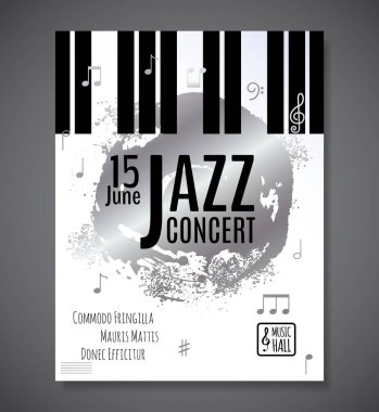 Caz müzik konseri geçmişi. Klavye vektör çizimi. Müzik olayı Flyer veya Poster şablon tasarımı. 
