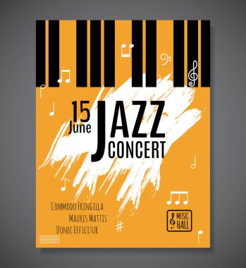 Caz müzik konseri geçmişi. Klavye vektör çizimi. Müzik olayı Flyer veya Poster şablon tasarımı. 