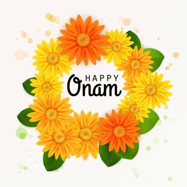 Mutlu Onam! Güney Hindistan Festivali Onam için çiçek tebrikleri. Vektör illüstrasyonu