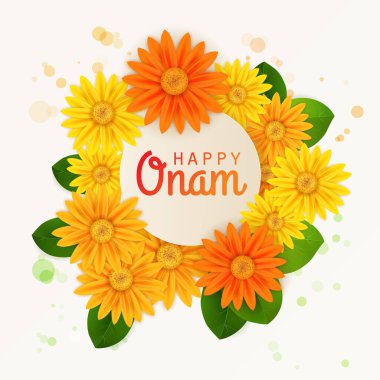 Mutlu Onam! Güney Hindistan Festivali Onam için çiçek tebrikleri. Vektör illüstrasyonu