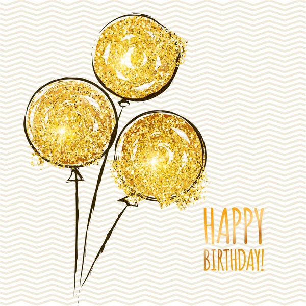 Happy Birthday Card Doodle Hand Drawn Balloons Golden Glitters Vector — Stock Vector