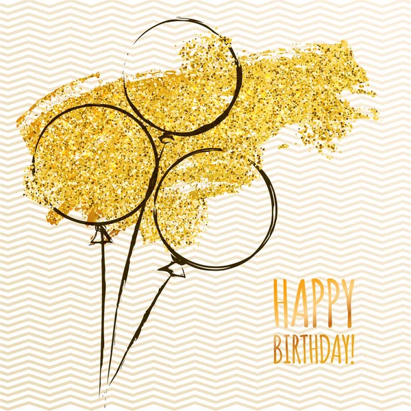 Happy Birthday Card Doodle Hand Drawn Balloons Golden Glitters Vector — Stock Vector