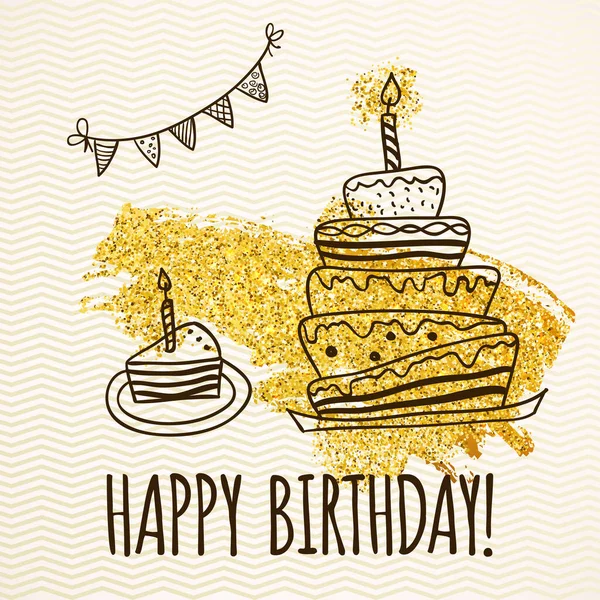 Happy Birthday Card Doodle Hand Drawn Birthday Cake Golden Glitters — Stock Vector