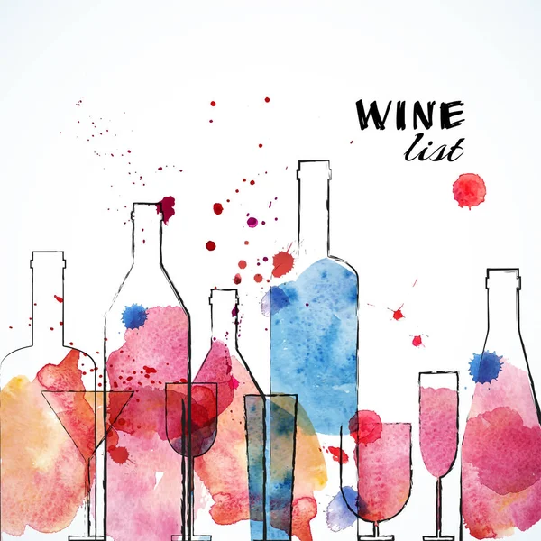 Restaurant Wine Bar Menu Template Sketch Watercolor Design Vector Illustration — Stock Vector