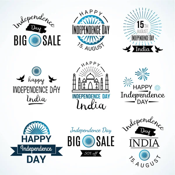 India Independence Day Typographic Set Vector Emblems Logos Badges Usable — Stock Vector