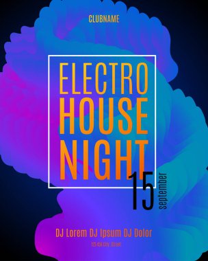 Elektronik müzik partisi posteri. Elektro ev kulübü festivali broşürü. Neon eğimli elektro ses dalgaları. Vektör soyut müzik arkaplanı.