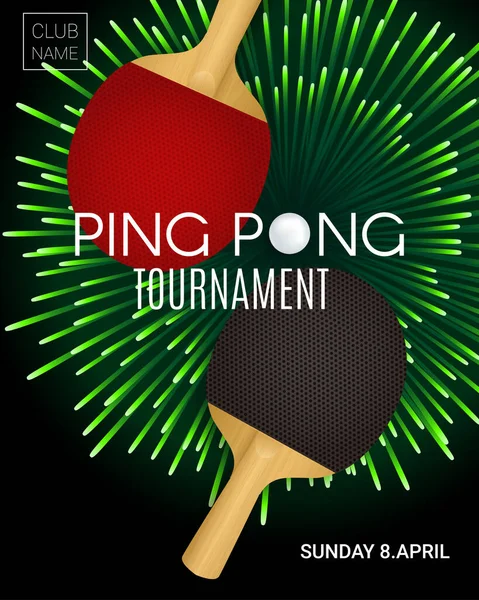 Torneo Ping Pong Dos Raquetas Fuegos Artificiales Verdes Plantilla Diseño — Vector de stock