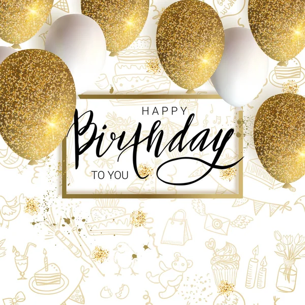 Gelukkige Verjaardag Ontwerp Witte Gouden Glitter Ballonnen Calligraphi Doodle Achtergrond — Stockvector