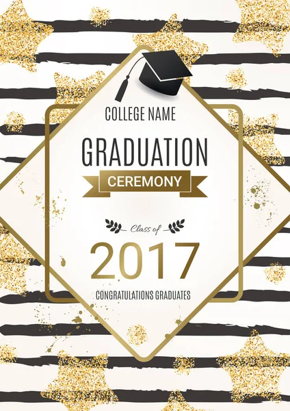 Entwurf Für Die Abschlussfeier Mit Goldenen Glitzersternen Glückwunsch Absolventen Klasse — Stockvektor