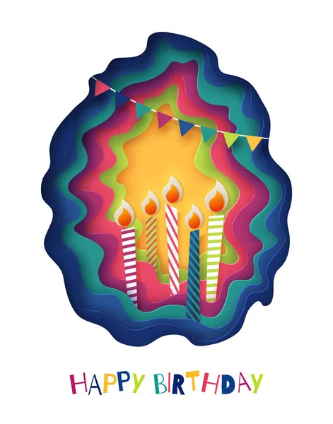 Feliz Aniversário Fundo Papel Cortar Ilustração Criativa Com Velas Coloridas — Vetor de Stock