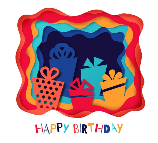 Buon Compleanno Sfondo Carta Tagliata Illustrazione Creativa Con Scatole Regalo — Vettoriale Stock