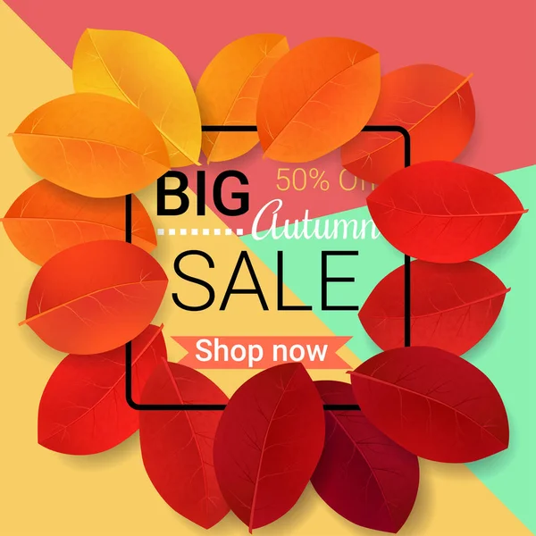 Big Autumn Sale Design Vector Illustration Colorful Autumn Leaves Can — Stock Vector