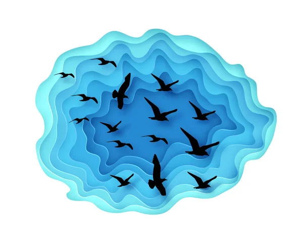 Ilustracja Cięcia Papieru Latającymi Ptakami Błękitnym Niebem Papier Rzeźba Sztuki — Wektor stockowy