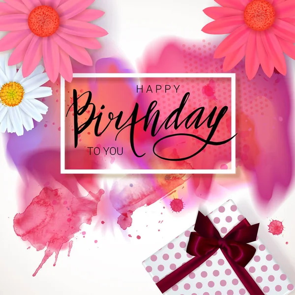 Verjaardag Belettering Achtergrond Met Roze Bloemen Geschenkdoos Trendy Vormgeving Voor — Stockvector