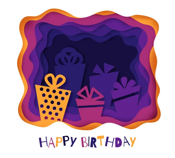 Joyeux Anniversaire Illustration Créative Découpée Papier Avec Boîtes Cadeaux Modèle — Image vectorielle