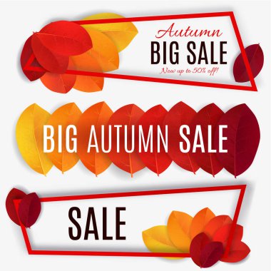 Büyük sonbahar indirimi. Sonbahar satış tasarımı. Üç pankart koleksiyonu. El ilanları, afişler ya da posterler için kullanılabilir. Renkli sonbahar yapraklarıyla vektör illüstrasyonu 