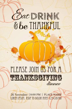 Şükran Günü yemeği ya da partisi için davetiye tasarımı. Vektör şablonu, poster, pankart, davetiye, tebrik kartı, menü için kullanılabilir. Mutlu Şükran Günü bayrağı