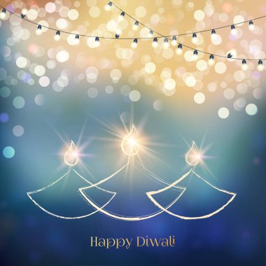 Tarzlı gaz lambalarıyla Diwali 'nin şenlikli arka planı kutlu olsun. Mutlu Diwali kartları. Vektör illüstrasyonu