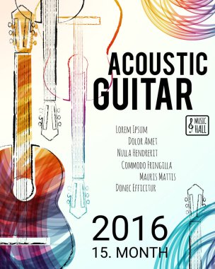 Broşür, poster ve davetiye için akustik gitar etkinliği tasarımı. Vektör illüstrasyonu