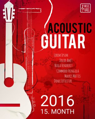 Broşür, poster ve davetiye için akustik gitar etkinliği tasarımı. Vektör illüstrasyonu
