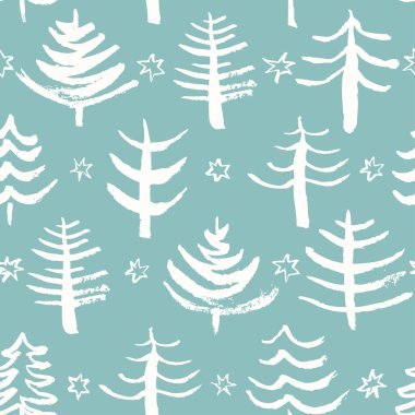 Elle çizilmiş elementlerle kusursuz bir Noel deseni. Şirin Noel ağaçları. Kış dönemi. Vektör illüstrasyonu