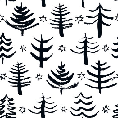 Elle çizilmiş elementlerle kusursuz bir Noel deseni. Şirin Noel ağaçları. Kış arkaplanı. Vektör illüstrasyonu