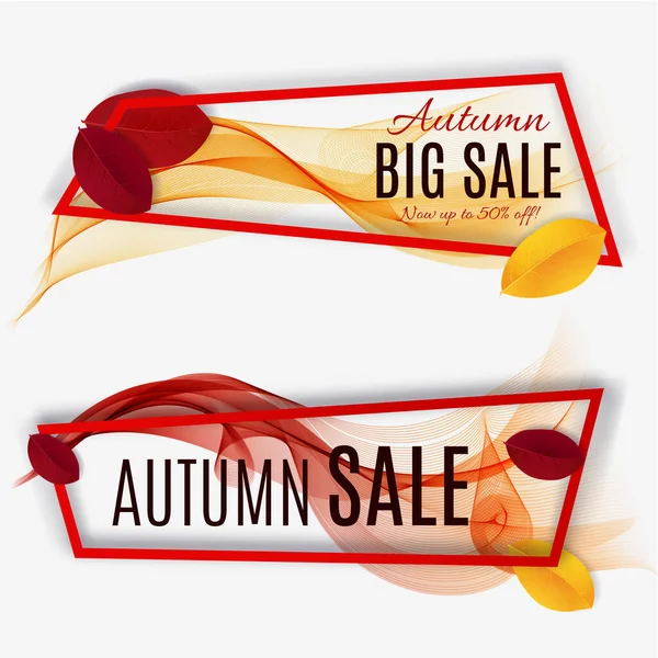 Büyük sonbahar indirimi. Sonbahar satış tasarımı. Üç pankart koleksiyonu. El ilanları, afişler ya da posterler için kullanılabilir. Renkli sonbahar yapraklarıyla vektör illüstrasyonu 