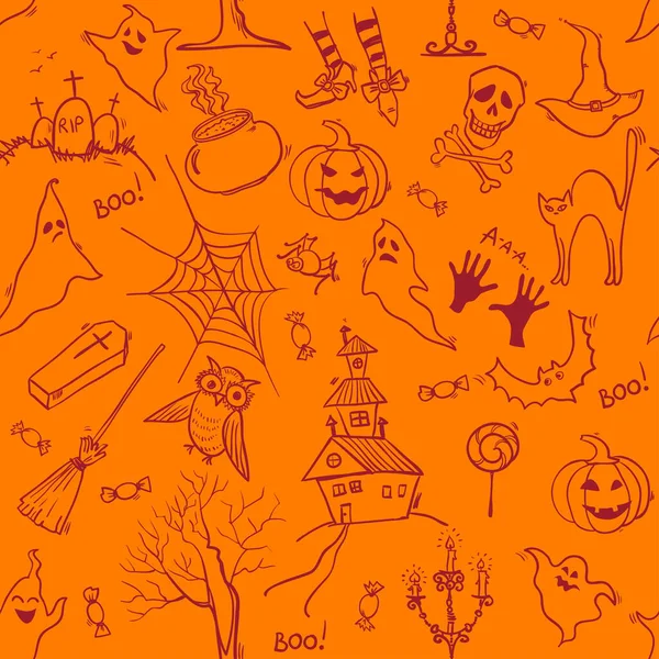 Seamless Halloween Pattern Hand Drawn Doodle Elements Vector Background — Stock Vector