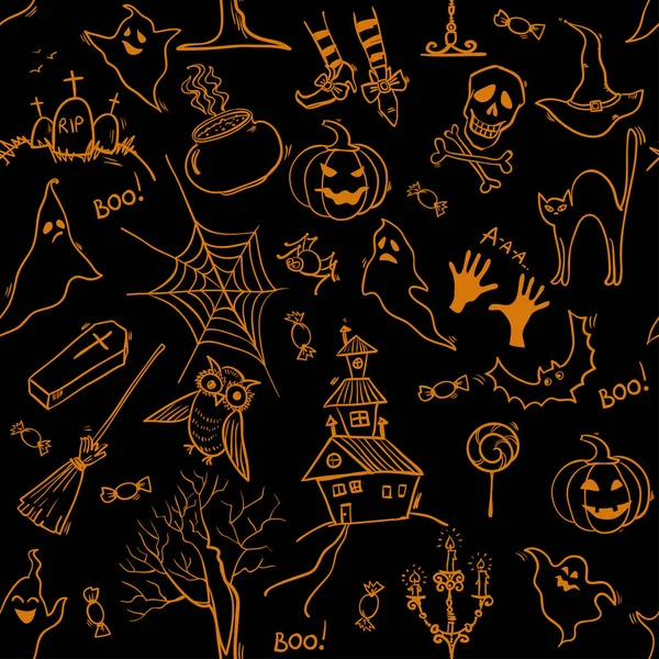 Patrón Halloween Sin Costuras Con Elementos Garabatos Dibujados Mano Fondo — Vector de stock