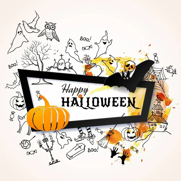 Happy Halloween Banner Mit Handgezeichneten Doodle Symbolen Und Elementen Vektorillustration — Stockvektor