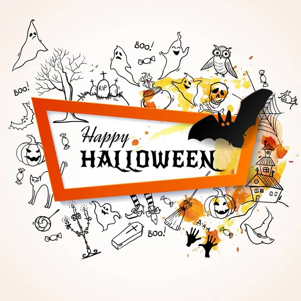 Buon Halloween Banner Con Disegnato Mano Doodle Halloween Simboli Elementi — Vettoriale Stock