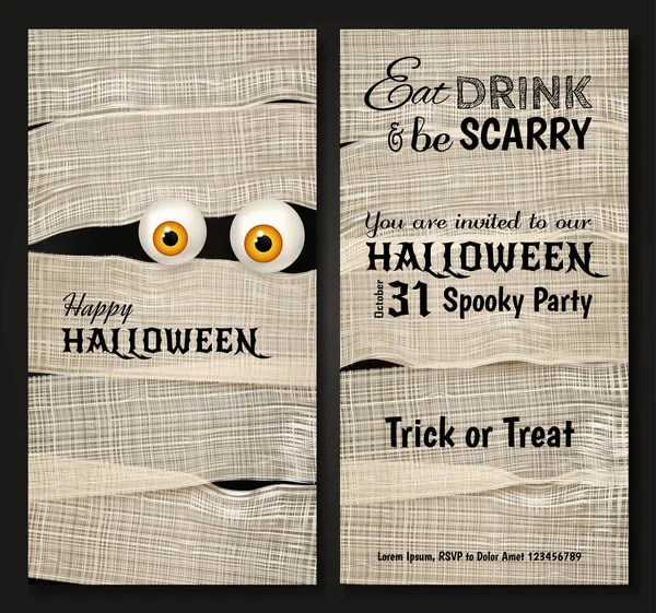 Invitation Design Halloween Party Mummy Big Shiny Yellow Eyes Funny — Stock Vector