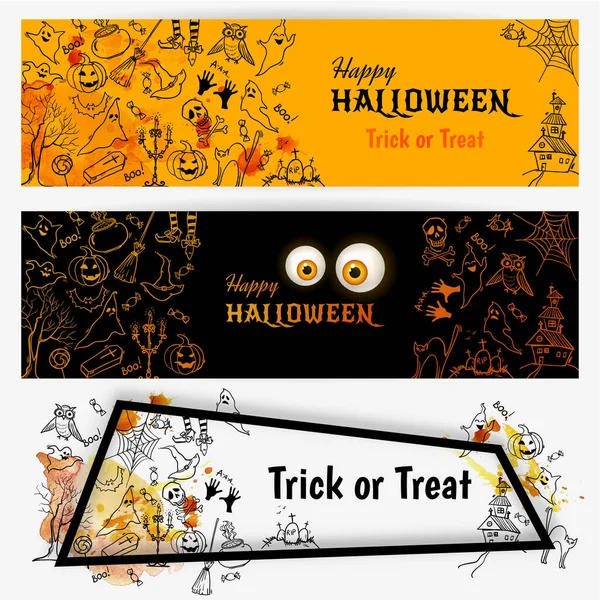 Felice Halloween Banner Set Con Disegnato Mano Doodle Halloween Simboli — Vettoriale Stock