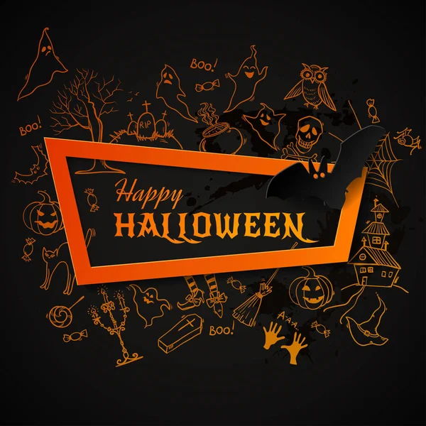 Veselý Halloween Banner Ručně Kreslenými Nápisy Halloween Symboly Prvky Vektorová — Stockový vektor