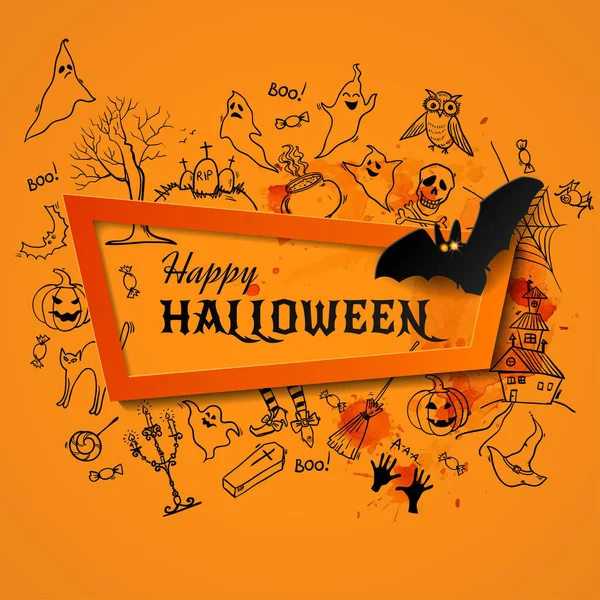 Feliz Banner Halloween Con Dibujado Mano Garabatos Símbolos Elementos Halloween — Vector de stock