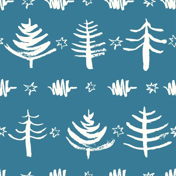 Naadloos Kerstpatroon Met Handgetekende Elementen Leuke Kerstbomen Winter Achtergrond Vectorillustratie — Stockvector