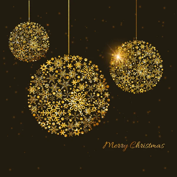 Vrolijk Kerstfeest Gelukkig Nieuwjaar Achtergrond Gouden Glitter Sneeuwvlok Kerstballen Zwarte — Stockvector