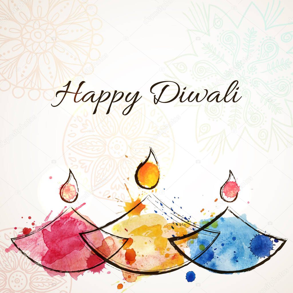 Happy Diwali festive background with stylized watercolor hand drawn oil lamps. Happy Diwali Card. Vector illustration