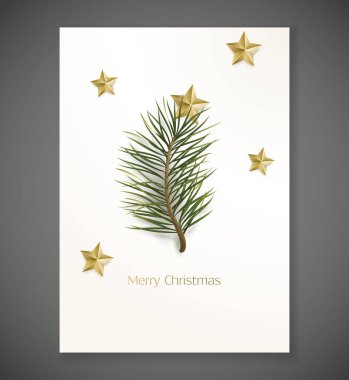 Mutlu Noeller, gerçekçi çam dalları ve altın parıltılarıyla donatılmış zarif bir arka plan. Minimalist moda tasarımı. Vektör çizimi. Mutlu yıllar tebrik kartı.