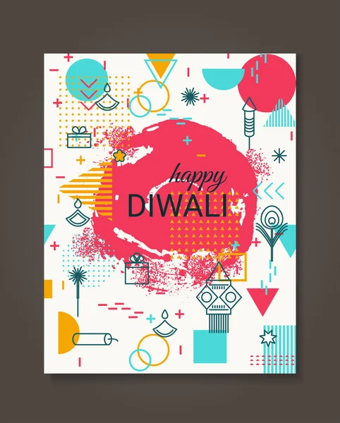 Festival Çizgisi Simgeleriyle Mutlu Diwali Modayı Geometrik Arka Plan Vektör — Stok Vektör