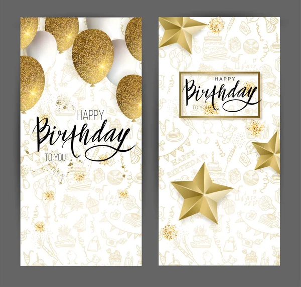 Diseño Feliz Cumpleaños Globos Brillo Blanco Dorado Estrellas Doradas Caligrafía — Archivo Imágenes Vectoriales